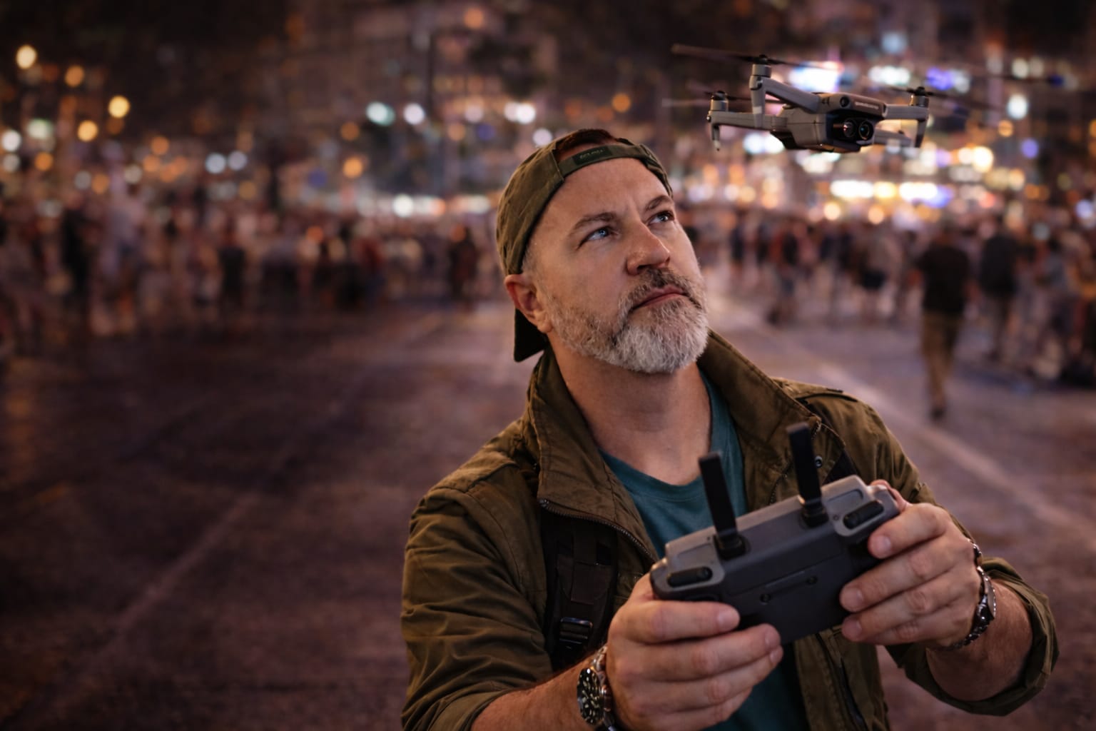 Piloto de drone Hangar Interactive operando em ambiente urbano